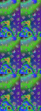 Çiçeksel çizim kalıbının yansıması. Vadinin çiçekleri yeşil ve mavi renklerde.