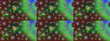 Çok yeşil ve kahverengi zarif küçük çiçekler ve yeşil ve kahverengi renkli komik böcekler, raster desen, illüstrasyon.