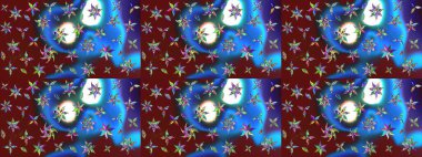 Mavi ve kırmızı renkte çiçekler. Tropik çiçek desenleri. Raster illüstrasyonu.