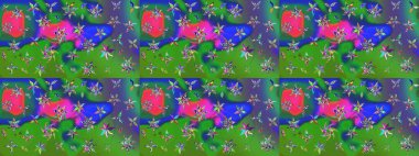 Yeşil ve mavi renkte çiçek çizimi. Yeşil ve mavi renkte çiçekler. Şatafatlı bahar bahçesi dokusu. Raster illüstrasyonu. Çiçek deseni.