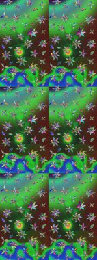 Moda baskıları için zarif bir şablon. Küçük çiçekte güzel bir desen. Yeşil ve mavi çiçekli bahar çiçekleri. Motley illüstrasyonu. Küçük renkli çiçekler..