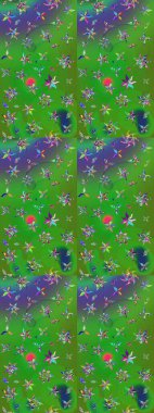 Halk tarzı. Modern çiçek arkaplanı. Parlak renkli çiçekleri ve yeşil ve menekşe rengi yaprakları olan harika bir çiçek deseni. Moda baskıları için zarif bir şablon.