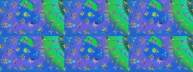 Çiçekli ipek eşarp. El çizimi çiçek unsurları olan soyut çizim raster deseni. 1950-1960 motifleri. Retro tekstil tasarım koleksiyonu. Mavi ve yeşil, mavi ve yeşil.