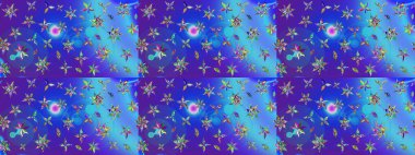 Çiçeksel çizim kalıbının yansıması. Vadinin mavi ve menekşe rengi çiçekleri.