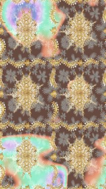 2019 Noel 'i, kar tanesi, yeni yıl. Kahverengi renkli ve altın elementli klasik eskiz deseni.