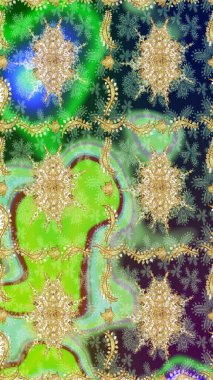 Altın elementlerle yeşil renklerde altın desen. Geleneksel klasik altın desen. Raster oryantal süs. Barok tarzında eskiz doğulu süsü..