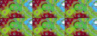 Raster illüstrasyonundaki çiçek desenli çizim. Yeşil ve kırmızı renkte çiçekler. Renkli Bahar Teması eskiz kalıbı. Düz Çiçek Elementleri Tasarımı.