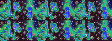 Parlak çiçekli kolaj çiçekleri yeşil ve mavi. Çiçekli zambakların eskiz geçmişi. Çiçek tasarımı için inanılmaz kolaj cennet tarzı..