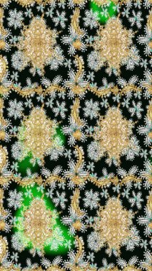 Siyah renkte desen. Kına dövmeli süs çiçekleri, altın çıkartmalar, mehndi ve yoga tasarımı, kartlar ve parmak izleri. Raster Golden Mehndi eskiz kalıbı.