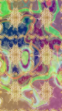 Altın elementlerle nötr renklerde altın desen. Eskiz desenli oryantal süs. Raster altın tekstil baskısı. Çiçek kiremitleri. İslam tasarımı.