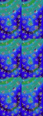 Dallı bahar çiçekleri ile desen, mavi ve yeşil renkler ile çiçek silueti. Raster deseni.