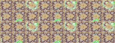 Raster oryantal süs. Kahverengi renkli ve altın elementli eskiz deseni. Altın deseni çiz.