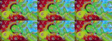 Raster düz çiçek çizim deseni. Hediye ambalaj kağıdı, tebrik kartları, posterler ve pankart tasarımı. Yeşil ve kırmızı renkte çiçekler.