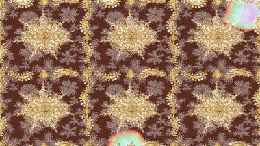 Kahverengi renklerde altın element. Damask çizimi tekrarlanıyor. Doku arka planında altın duvar kâğıdı. Barok tarzında altın çiçekli süs..