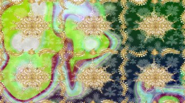 Çiçek süsü kumaş deseni, cam, çiçek desenli metal altın elementli yeşil renkler. Klasik Raster altın eskiz modeli..