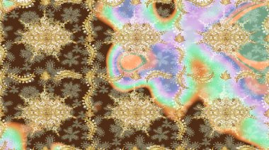 Sembol bayramı, yeni yıl kutlamaları, altın desenler. Kış kar dokusu duvar kağıdı. Kahverengi renkte altın kar taneleri. Noel Altın Kar Tanesi çizim kalıbı.