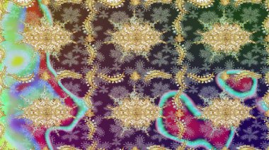 Parlak dantel, stilize çiçekler, şal desenli. Raster. Altın desenli bukleler çiz. Tarafsız renklerde altın elementlerle çizim. Doğu tarzı arabesk. Zarif altın deseni aç.