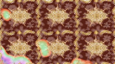 Klasik Raster Golden eskiz kalıbı. Çiçek süsü kumaş deseni, cam, altın elementlerle kahverengi renklerde çiçek desenli metal..