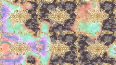 Kıvrımlı çizimler. Raster altın desen. Doğulu stil, altın elementlerle altın deseni nötr renklerle donatır..