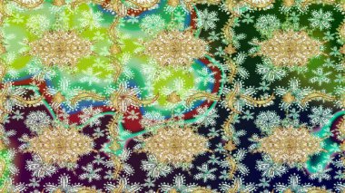 Yeşil renklerdeki altın element. Lüks, kraliyet ve Viktorya dönemi konsepti. Yeşil yerine altın rengi barok çiçekli eskiz deseni. Süslü raster dekorasyonu.