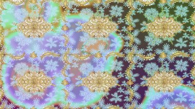 Tarafsız renklerdeki altın desenler ve altın elementler. Süslü dekorasyon. Lüks, kraliyet ve Viktorya dönemi konsepti. Raster klasik barok çiçek desenli altın rengi..