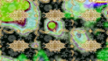 Eskiz desenli oryantal süs. Altın elementlerle yeşil renklerde altın desen. İslam tasarımı. Çiçek kiremitleri. Raster altın tekstil baskısı.