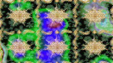 Raster illüstrasyonu. Ortaçağ çiçek desenini çiz. Dekoratif simetri arabesk. Doğum günü kartı, davetiye ya da afiş için iyidir. Yeşil renkte altın.