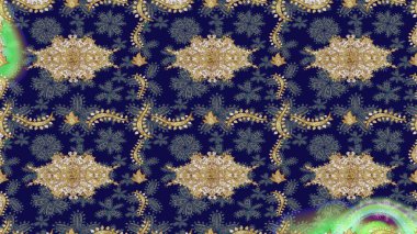 Klasik çiçek dokusu. Altın elementler Raster illüstrasyonu. Kraliyet retro 'su mavi renkte. Altın şablon. Kart, duvar kağıdı, ambalaj, tekstil için klasik tasarım.