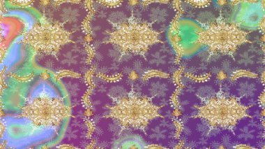 Doğu tarzı arabesk. Raster. Hassas altın deseni açın. Tarafsız renklerde altın elementlerle çizim. Altın desenli bukleler çiz. Parlak dantel, stilize çiçekler, şal desenli.