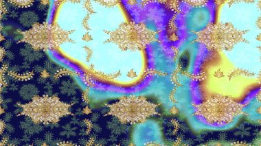 Raster altın çiçek süsü brokar kumaş ve cam desenli. Çiçek desenli altın metal. Altın şablonu çiz. Altın elementli mavi renkler.