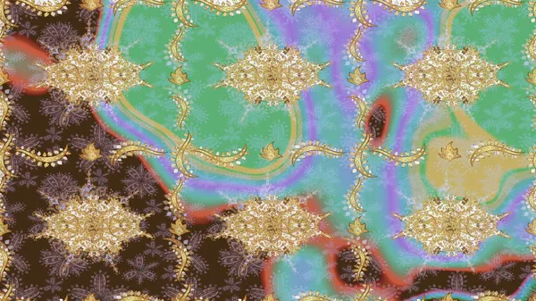 2019 Noel 'i, kar tanesi, yeni yıl. Kahverengi renkli ve altın elementli klasik eskiz deseni.