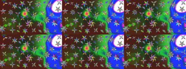 Çok yeşil ve mavi zarif küçük çiçekler ve yeşil ve mavi renkli komik böcekler, raster desen, illüstrasyon.