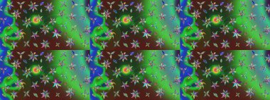 Raster illüstrasyonundaki çiçek desenli çizim. Suluboya tarzında yeşil ve mavi renkte çiçekler.