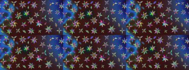 Üzerinde gelincikler ve vadi zambakları olan renkli çiçek desenli nakış deseni. Tekstil tasarımı için geleneksel Raster çiçek buketi kahverengi ve mavi renklerde.