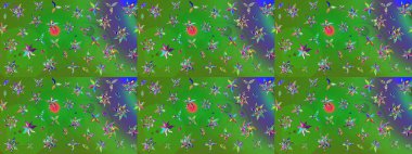 Yeşil ve mor renkli bitkilerden oluşan parlak çiçekli çizim deseni.