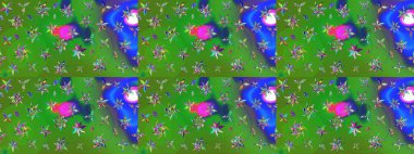 Raster illüstrasyonu. Yaprak ve çiçeklerin suluboya resimleri, yeşil ve mavi renkler üzerine çizimler. Yeşil ve mavi renklerde bahar çiçekleri..