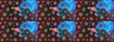 Renkli Yaz Temalı eskiz kalıbı. Raster Illustrasyon 'daki Çiçek Deseni' nin son moda çizimi. Düz Çiçek Elementleri Tasarımı. Mor ve mavi renkte çiçekler.