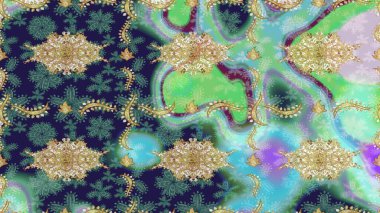 Altın elementlerle mavi renklerde altın desen. Klasik klasik klasik arka plan. Geleneksel oryantasyon süsü. Klasik Raster altın desenini çiz.