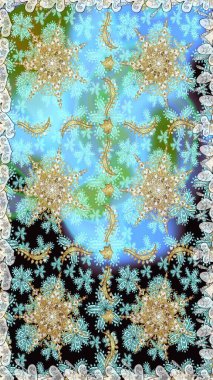 El yapımı dekoratif çerçeve, albüm kapağı, tebrik kartı, klasik Art deco tarzı. Raster soyut çiçek çelengi altın karalama fantezi yaprakları ve mavi renkli çiçek.