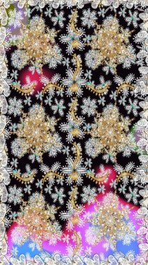 Damask kusursuz yinelenen arkaplan. Siyah renklerdeki altın element. Doku arka planında altın duvar kâğıdı. Barok tarzında altın çiçekli süs..