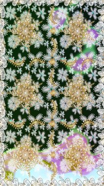 Parlak dantel, stilize çiçekler, şal desenli. Raster. Hassas altın deseni açın. Kusursuz altın desenli bukleler. Doğu tarzı arabesk. Gri renklerde, altın elementlerle kusursuz desen.