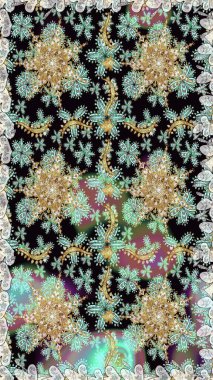 Kusursuz kraliyet lüksü, altın barok kumaş rengi. Altın antika ortaçağ dekoratifi, yapraklar ve tarafsız renklerde altın desenli süslemeleri olan pürüzsüz bir desen..