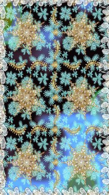 Altın element mavi ve nötr renklerde. Damask kusursuz yinelenen arkaplan. Barok tarzında altın çiçekli süs. Doku arkaplanı üzerine altın duvar kağıdı.