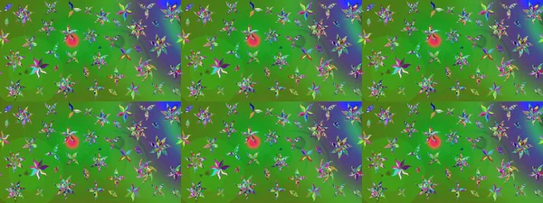 Yeşil ve mor renkli bitkilerden oluşan parlak çiçekli çizim deseni.
