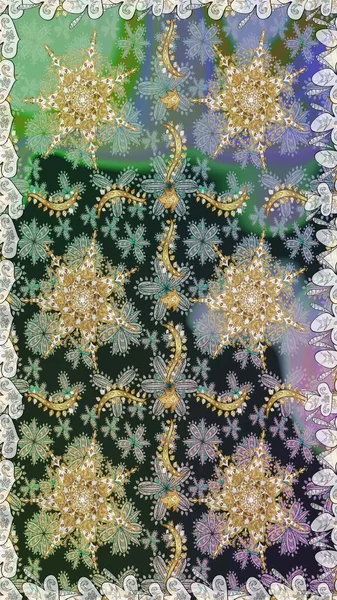 Gri renklerde, altın elementlerle kusursuz desen. Hassas altın deseni açın. Doğu tarzı arabesk. Kusursuz altın desenli bukleler. Parlak dantel, stilize çiçekler, şal desenli. Raster..