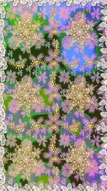 Kusursuz soyut bir arkaplan. Oriental raster klasik nötr, yeşil ve altın desenli. Raster illüstrasyonu.