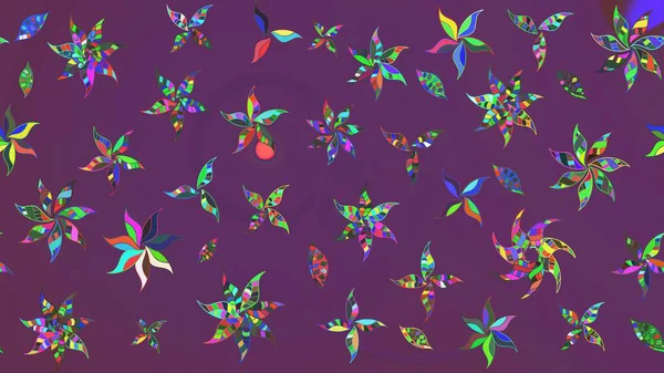 Düz Çiçek Elementleri Tasarımı. Renkli Bahar Teması eskiz kalıbı. Raster illüstrasyonundaki çiçek desenli çizim. Mor ve yeşil renkte çiçekler.