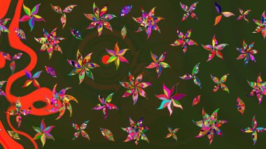 Düz Çiçek Elementleri Tasarımı. Raster illüstrasyonundaki çiçek desenli çizim. Renkli Yaz Temalı eskiz kalıbı. Yeşil ve gri renkte çiçekler.