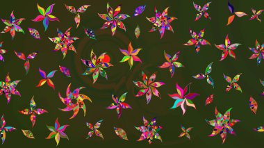 Raster - stok. Yapraklı çiçekler ve yeşil ve gri renkli papatya çiçekleri. Taslak arkaplan deseni.