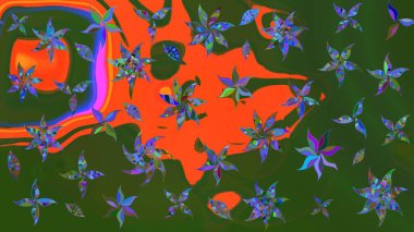 Raster deseni. Yeşil ve turuncu renklerde. Soyut çiçek çizim kalıbı arka planı. Raster illüstrasyonu. Küçük çiçekte sevimli çiçek deseni var..